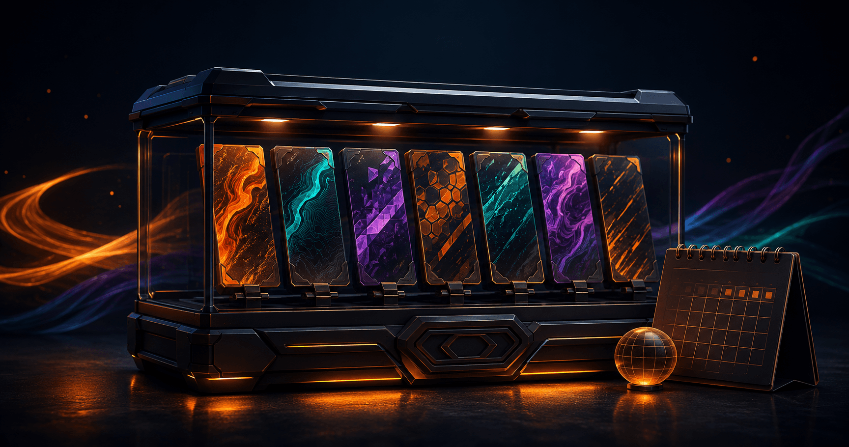 Colorful abstract cosmetic cards displayed in a futuristic case